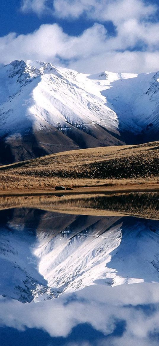 winter, mountains, reflection, lake, mirror, lines, relief