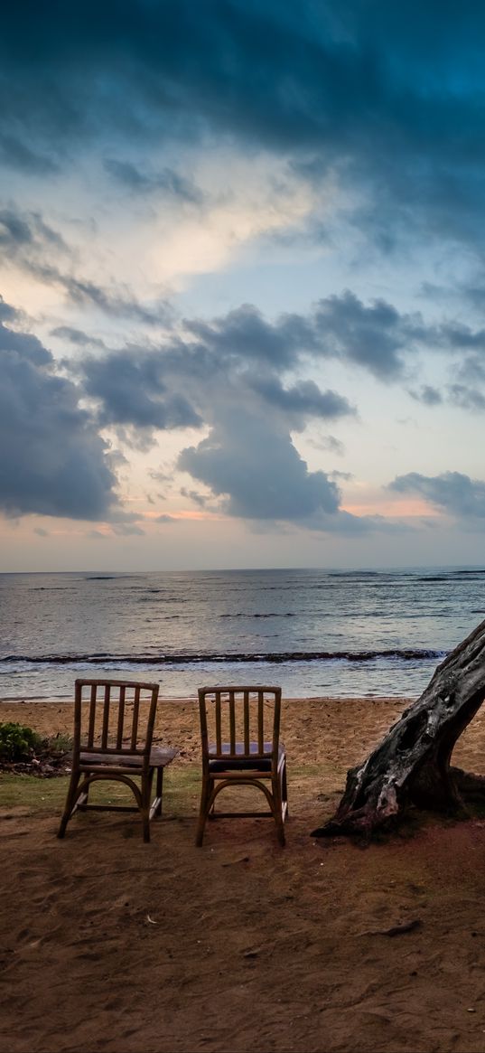 sea, shore, chairs, view, twilight, landscape