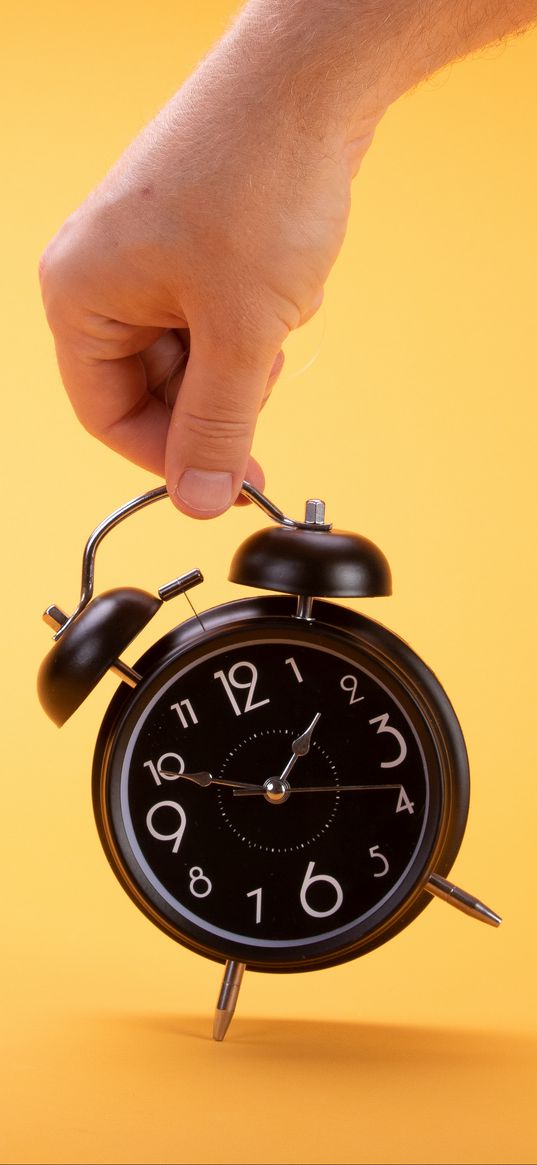 alarm clock, clock, time, hand, yellow