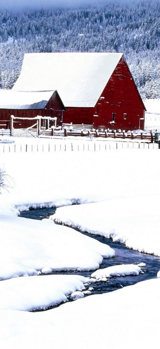 winter, snow, snowdrifts, structures, stream, bushes