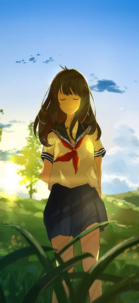 girl, sailor suit, field, hills, summer, anime, art