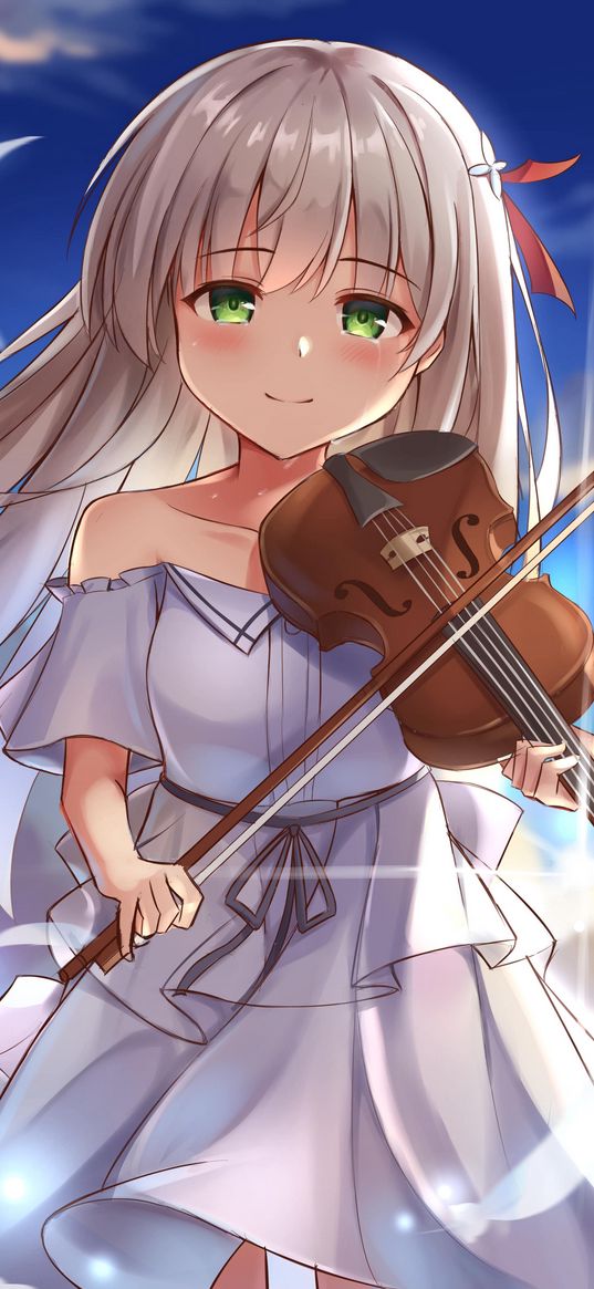 girl, smile, violin, anime, art