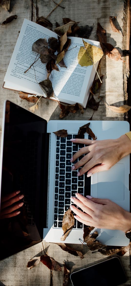 laptop, hands, work, leaves, autumn, aesthetics