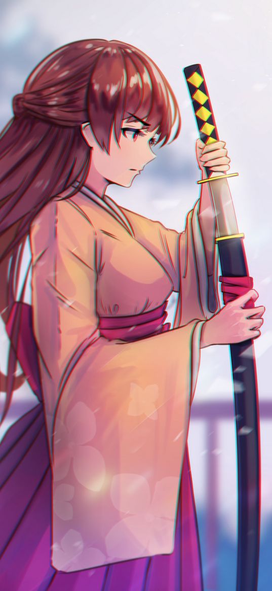 girl, kimono, katana, warrior, anime