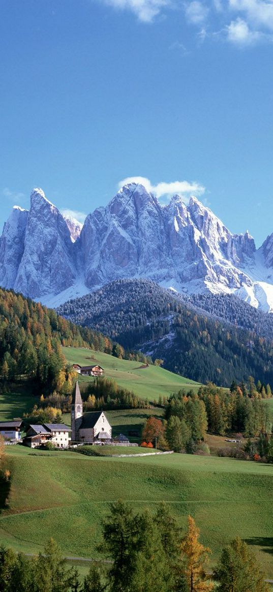 winter, mountains, meadows, village, at home, trees, tops