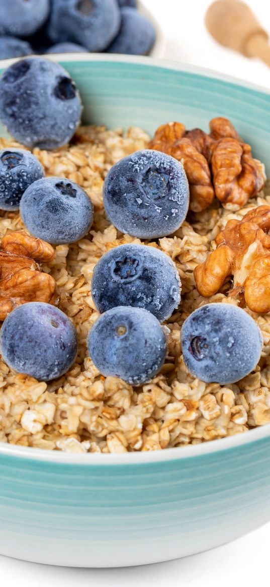 oatmeal, berries, nuts, bowl, breakfast