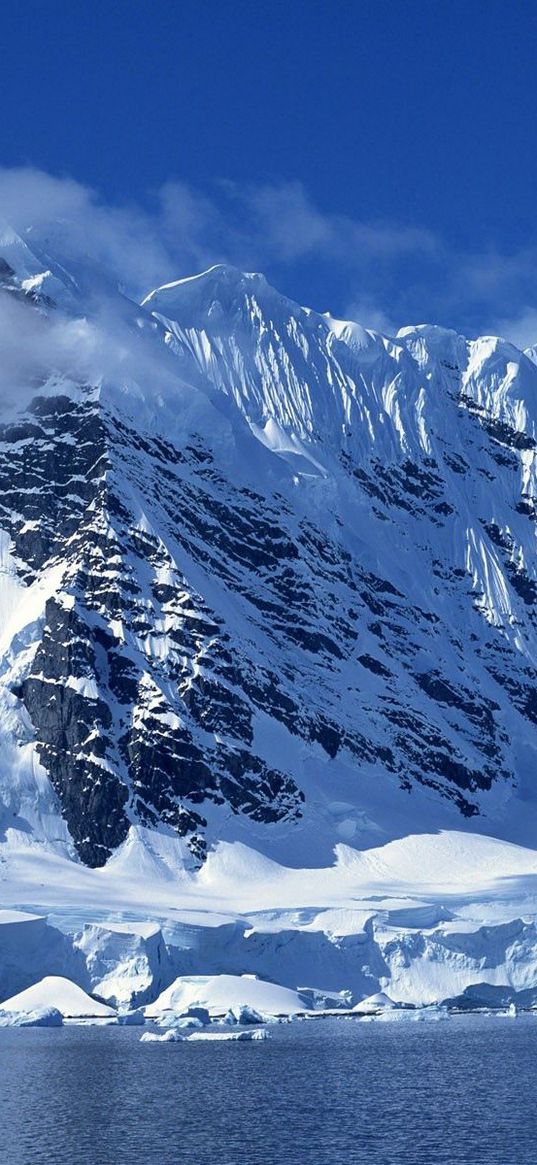 winter, mountains, ice, stones, cold, clouds