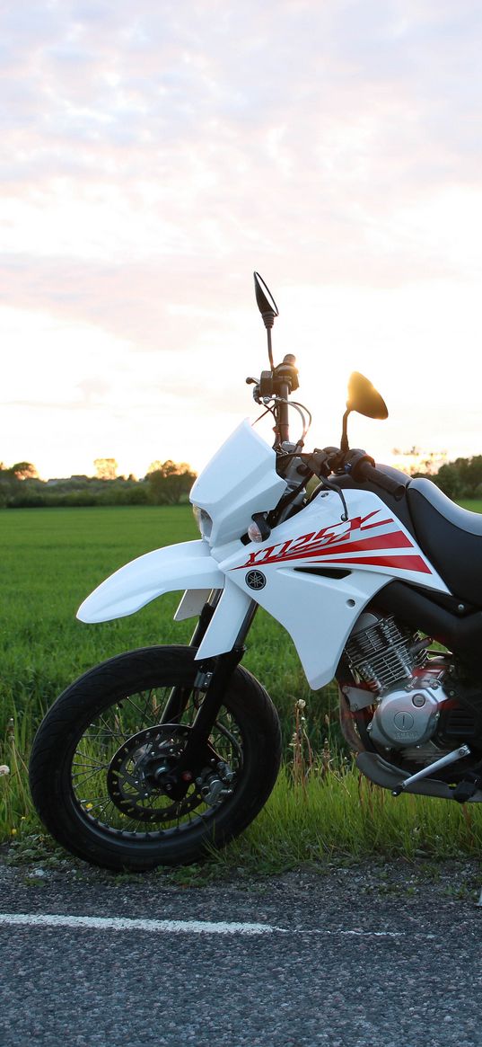 yamaha, motorcycle, bike, white, field, road