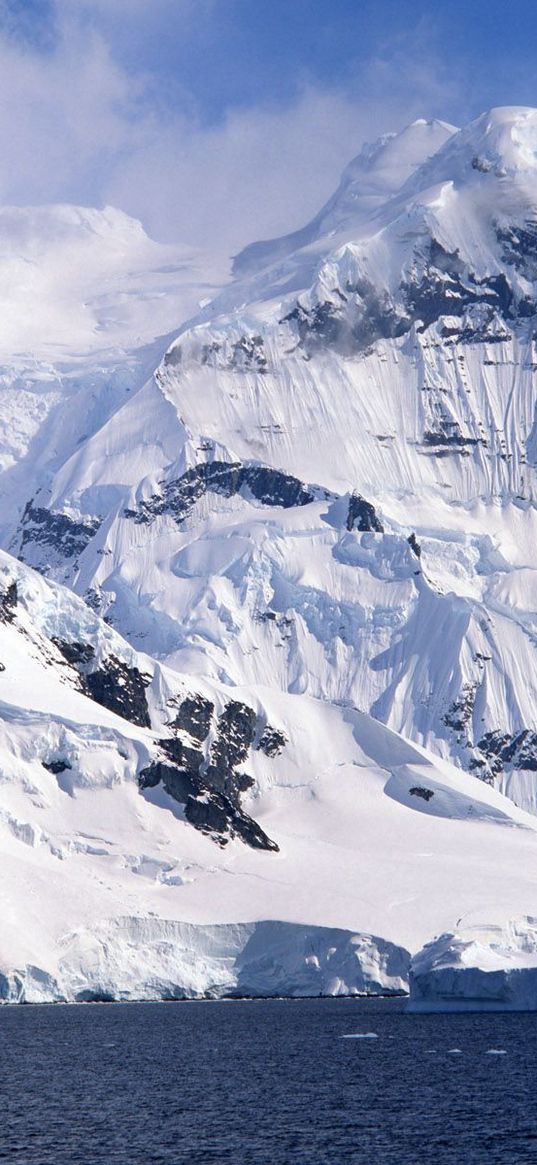 winter, mountains, ice, stones, cold, clouds, ocean