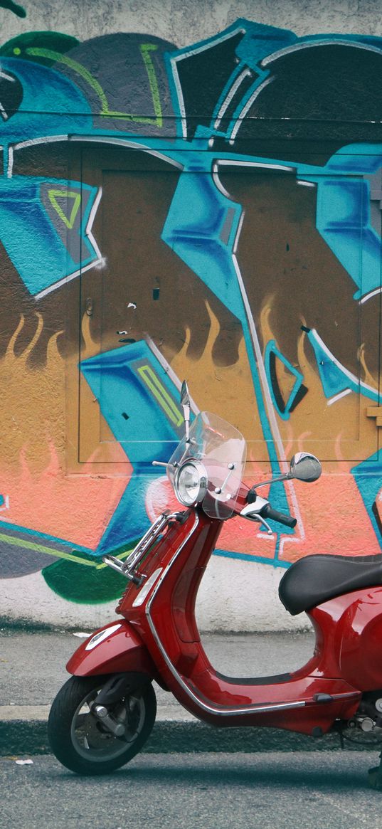 moped, red, wall, graffiti