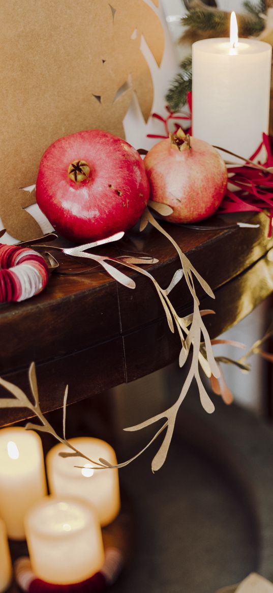 pomegranate, fruit, candles, garland, christmas, aesthetics