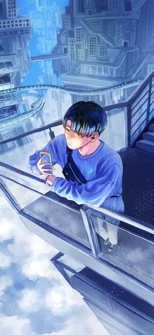 guy, phone, buildings, clouds, anime, art, cartoon