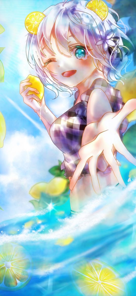 girl, smile, gesture, lemons, water, anime