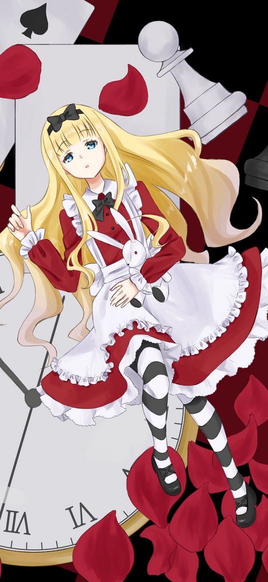 alice in wonderland, chess, figures, anime, art red