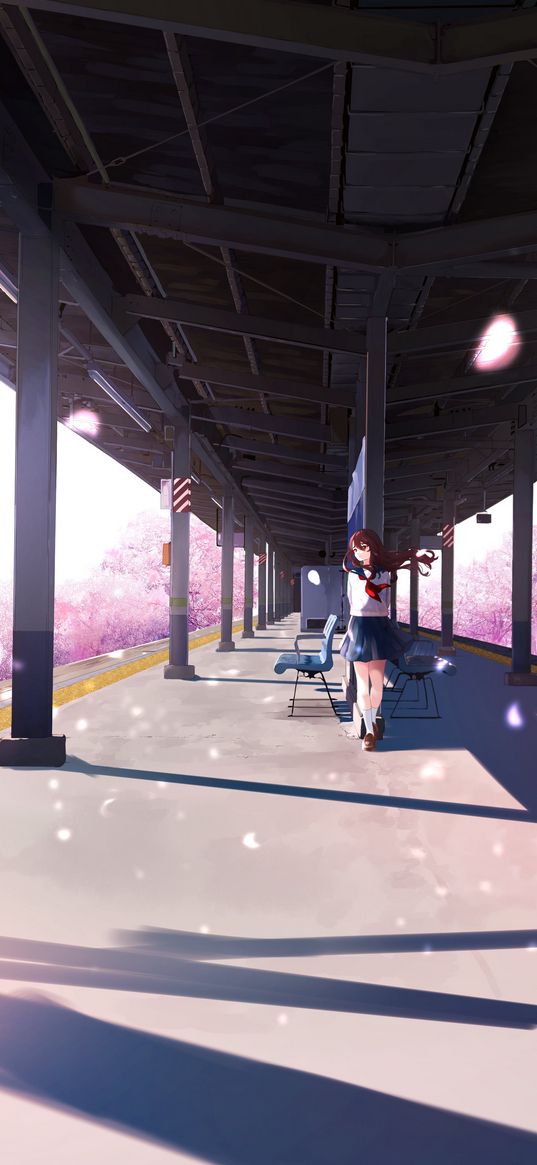 girl, platform, sakura, petals, anime, art