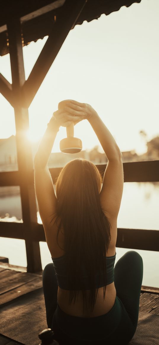 girl, dumbbell, fitness, pier, sunset