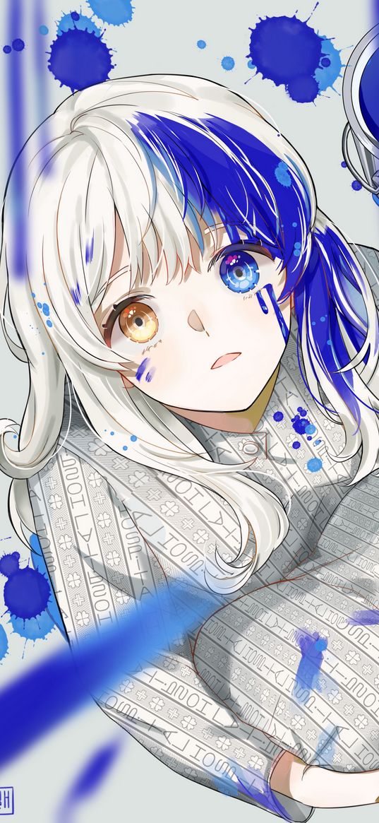 girl, heterochromia, paint, drips, anime, art, blue