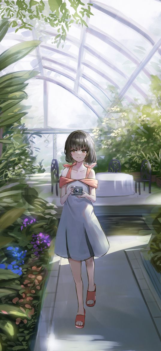 girl, camera, garden, greenhouse, anime, art