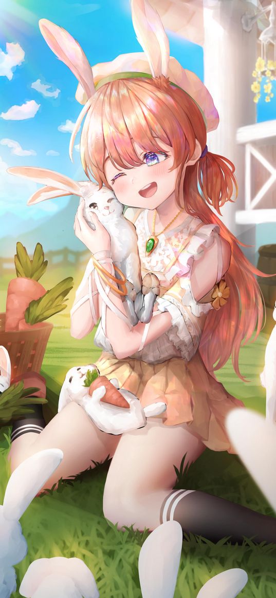 girl, smile, rabbits, anime, art