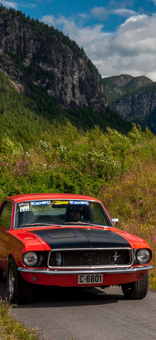 ford mustang, car, muscle car, red, road, mountains