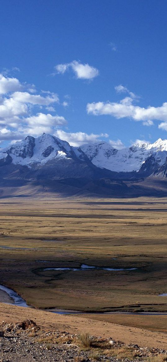 mountains, plain, sky, clouds, water