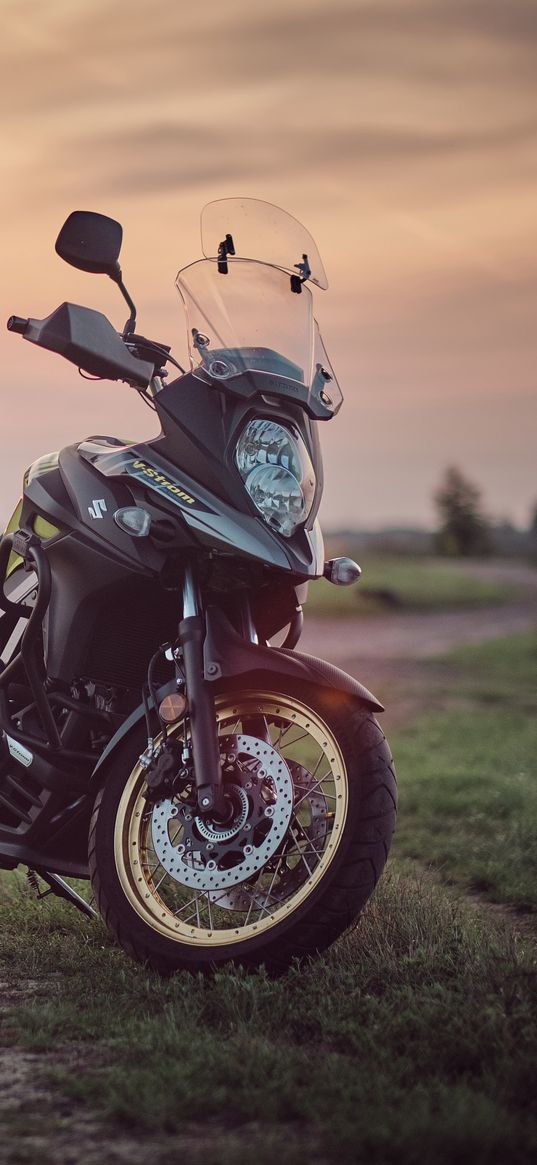 suzuki, motorcycle, bike, black, field, sunset, moto