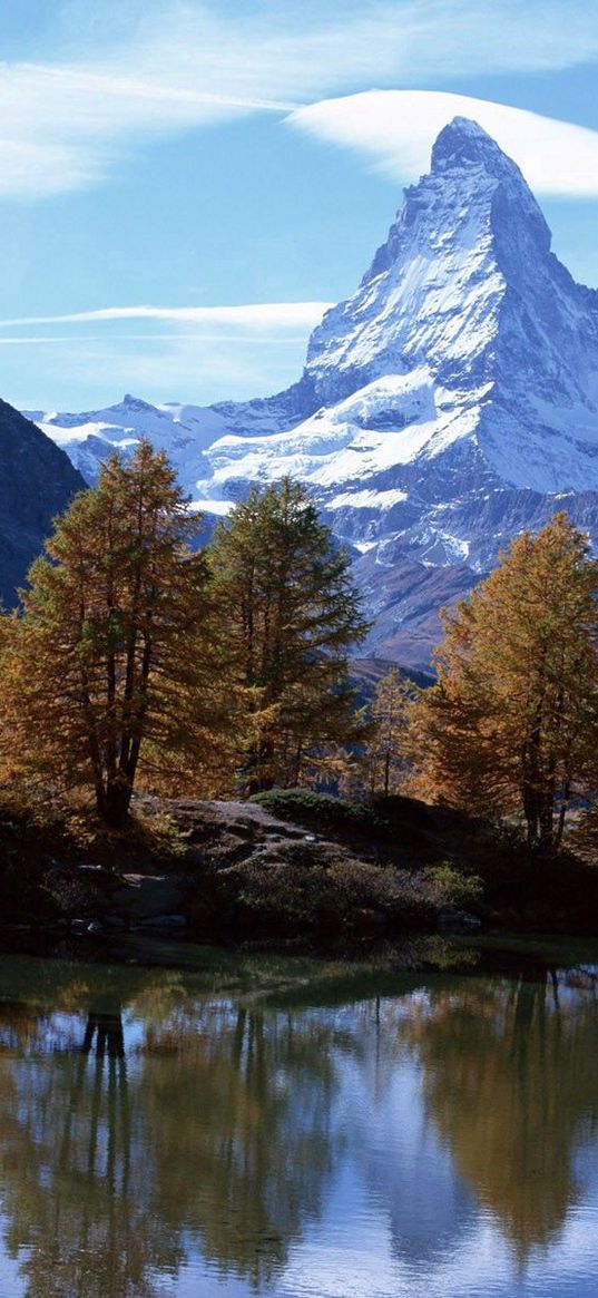 mountains, river, peak, top, clouds, sky, trees, coast