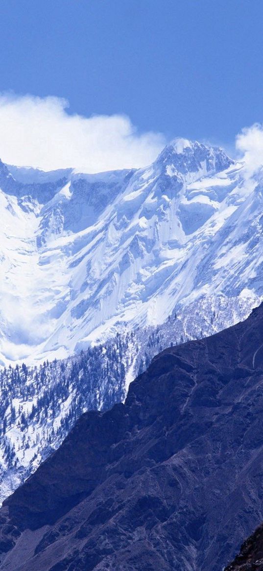 mountains, greatness, wall, snow, tops, shadow, clouds, sky