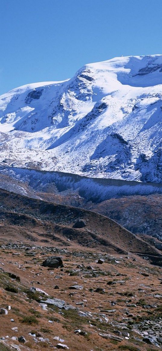 mountains, greatness, stones, snow, clouds, sky, track