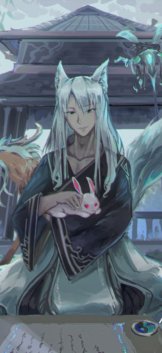 guy, fox, kimono, rabbit, monk, anime, art