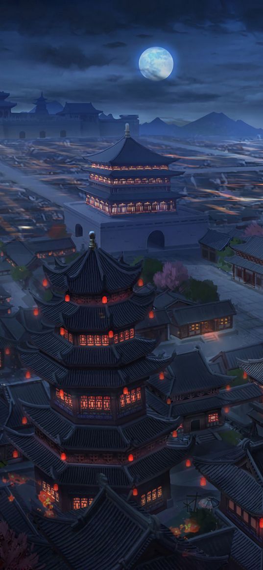 pagodas, buildings, architecture, night, aerial view, art