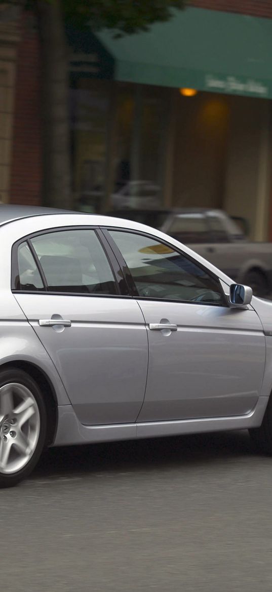 acura, tl, 2004, silver metallic, side view, style, cars, street, building speed, asphalt