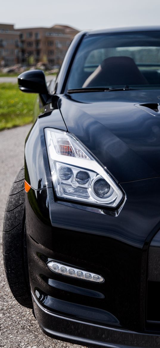 nissan gt-r, nissan, car, black, headlight, front view