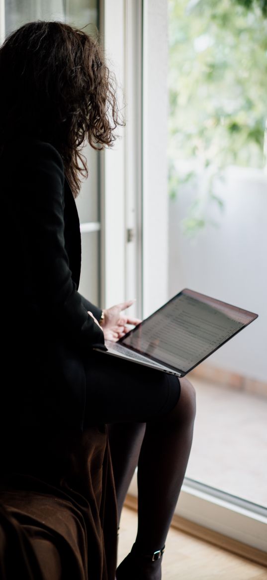 girl, curls, laptop, work