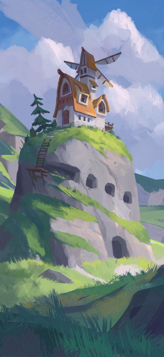 rock, house, mill, landscape, art