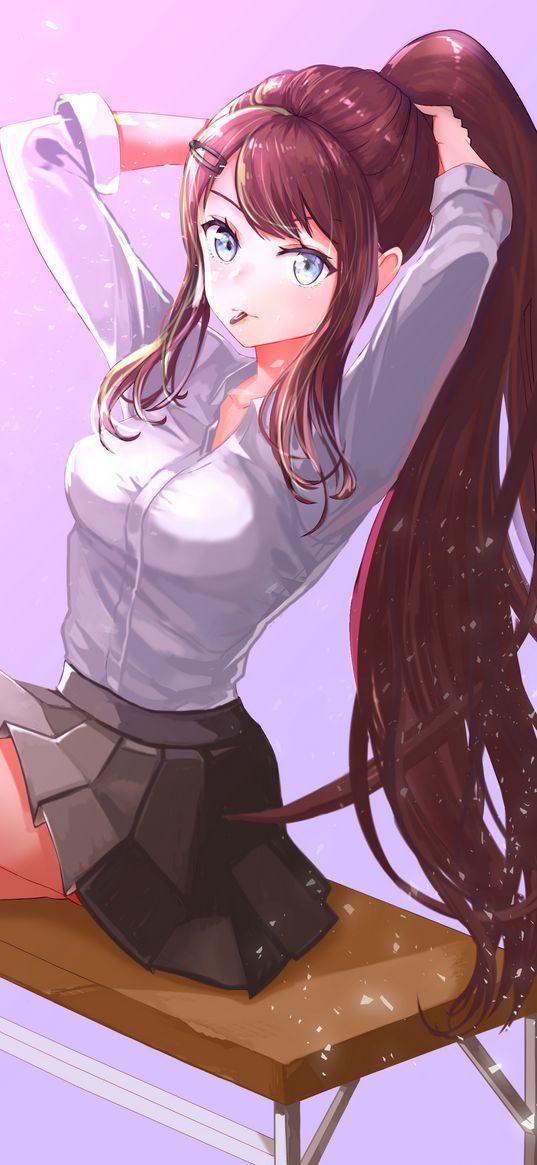 girl, gesture, ponytail, anime, art