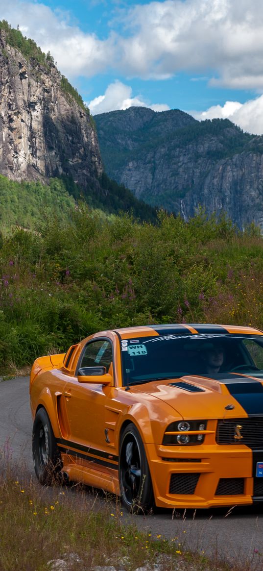 mustang shelby, car, muscle car, orange, road, mountains