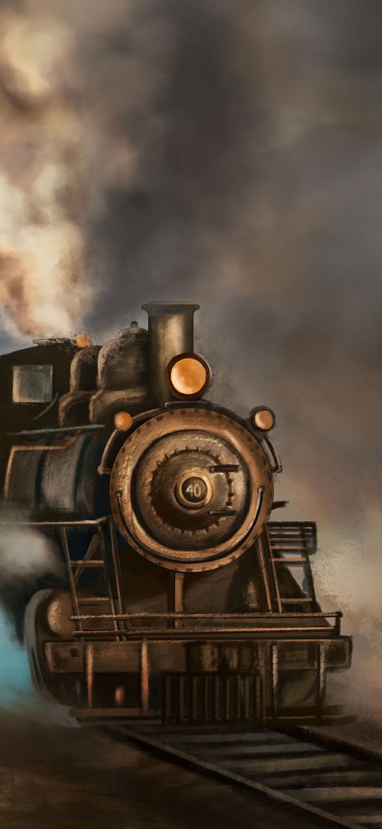 steam locomotive, train, rails, smoke, art