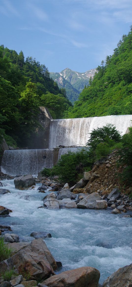 waterfall, cascade, water, mountains, landscape, nature