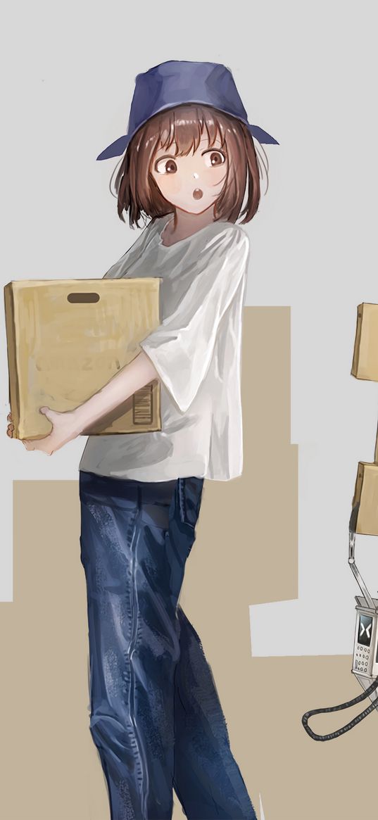 girl, boxes, robot, anime, art