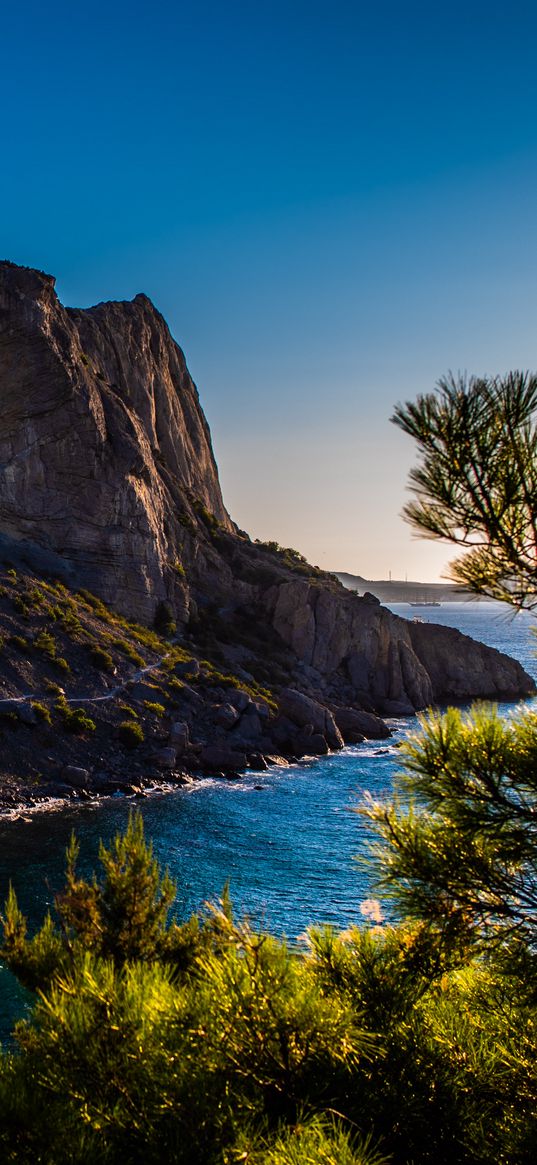 island, mountains, sea, trees, landscape