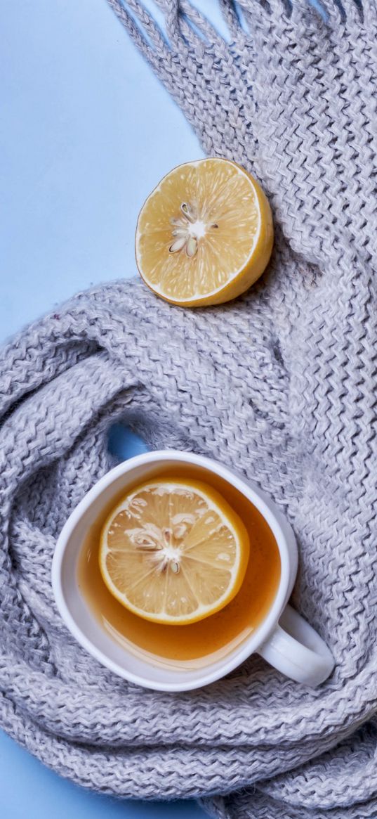 tea, lemon, cup, scarf, cozy, aesthetics