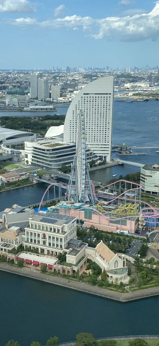 ferris wheel, city, buildings, cityscape, aerial view