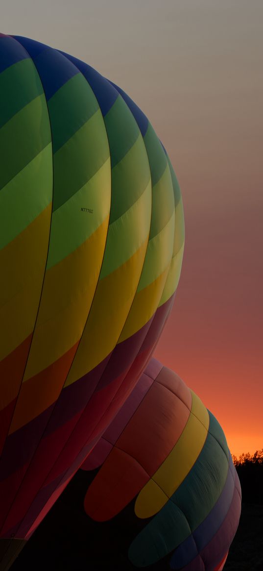 balloons, colorful, trees, sunset