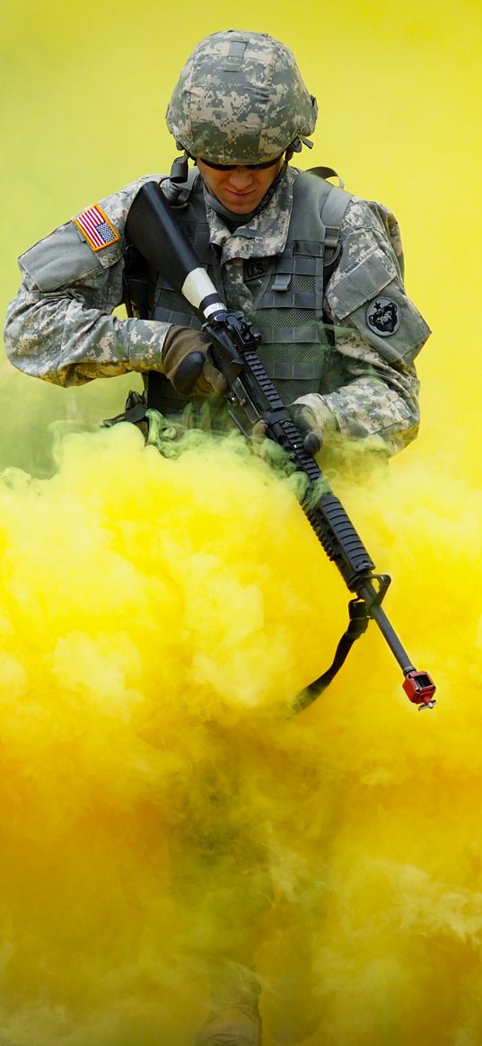 military, camouflage, weapon, rifle, smoke, yellow