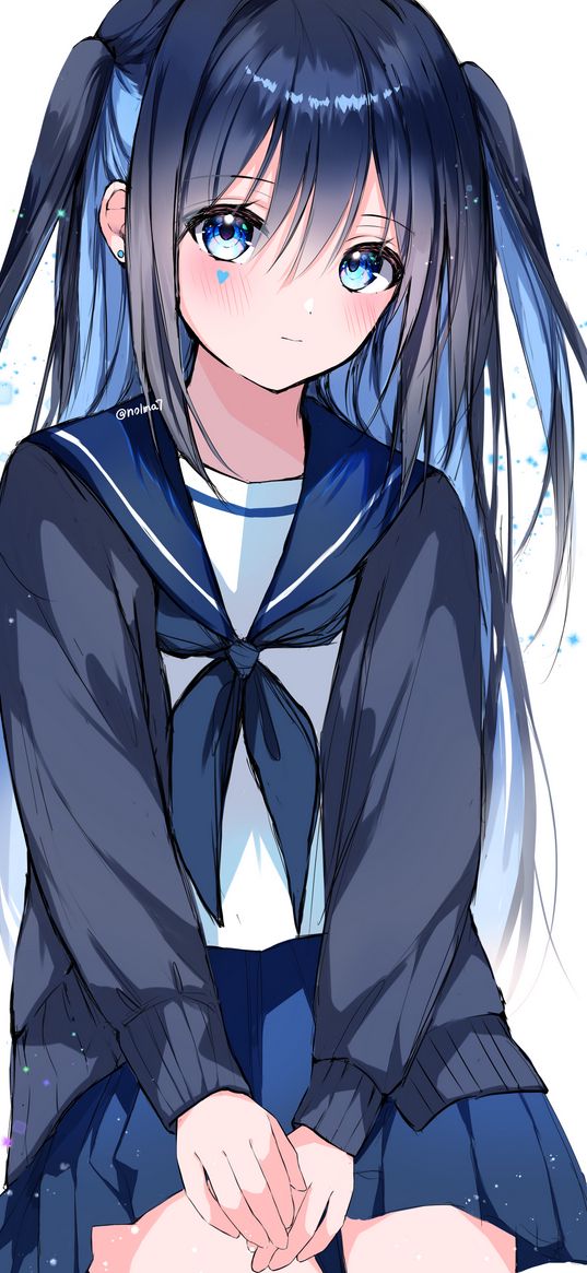 girl, ponytails, sailor suit, anime, art, blue