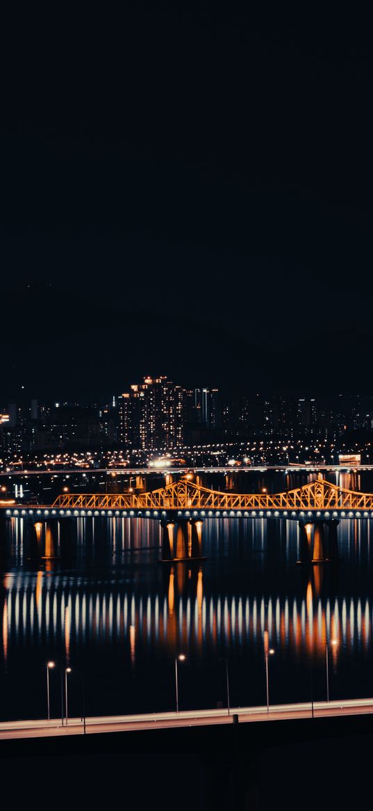 bridges, backlight, water, reflection, night, dark