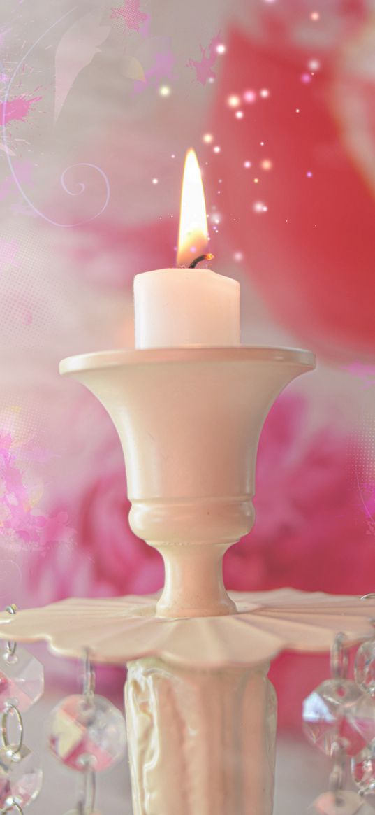 candle, fire, candlestick, pink, white