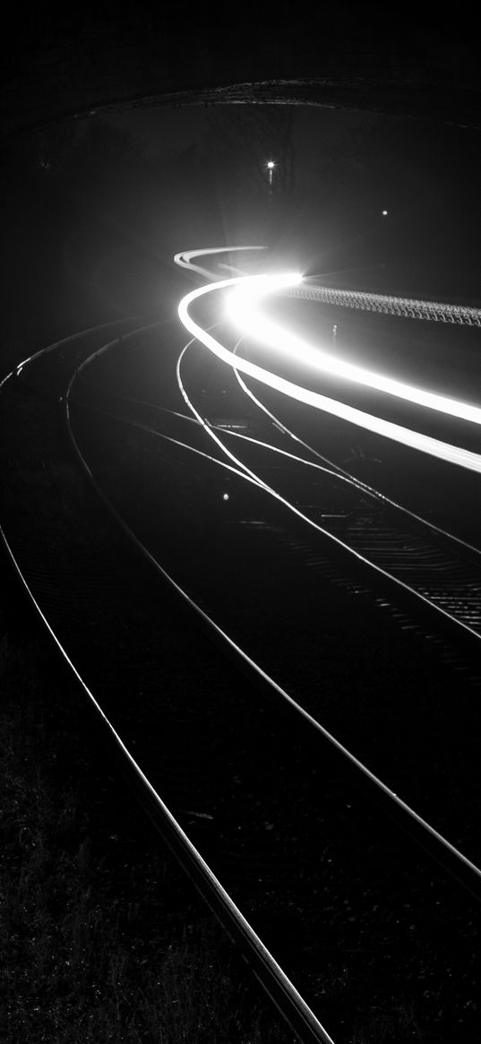 railroad, light, long exposure, black and white, black