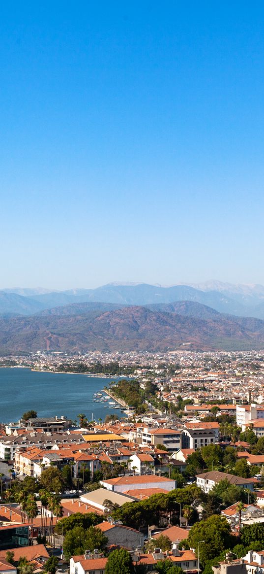 city, buildings, roofs, architecture, mountains, aerial view